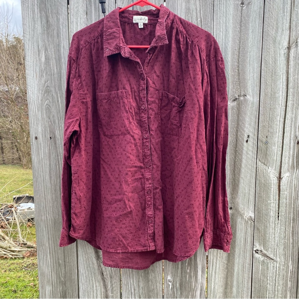 Swiss Dot‎ Wonderly Button Down Shirt Womens XL Burgundy Excellent - Picture 2 of 6